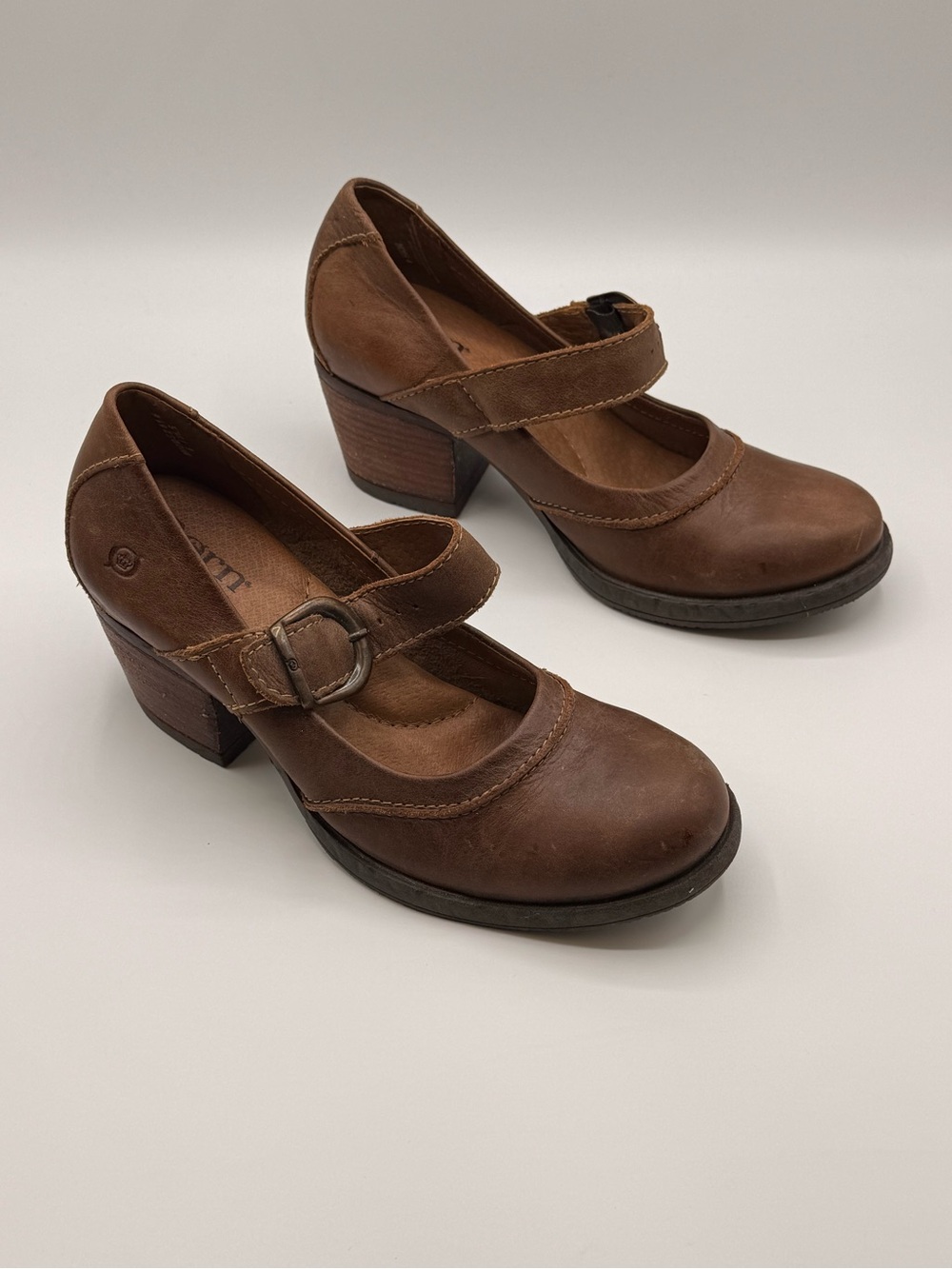 Born Brown Leather Mary Jane Block Heel Pumps